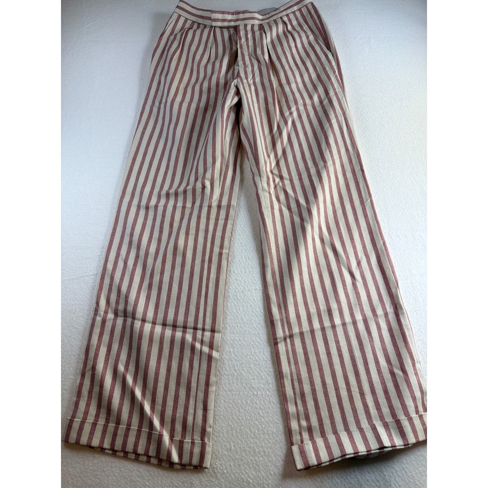 Etro Milano Striped Silk Linen Wool Trouser Red Cream Cinch Waist Italy 48 US 12